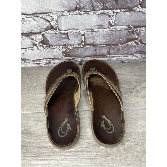 OLUKAI Ikoi Brown Leather Flip Flops Beach Sandals Men Sz 12M US/45EU 10360-1313 - Picture 12 of 16